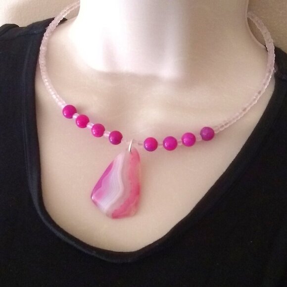 Pink & White Agate + Sugilite Choker Bib Necklace ~ Unique Feminine Girlie Boho - Picture 1 of 9